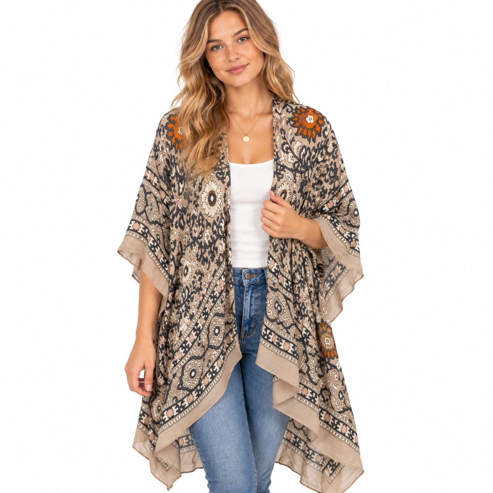 Free People Magic Dance Duster Beige Gray Pink Kimono Jacket Boho sz One Size